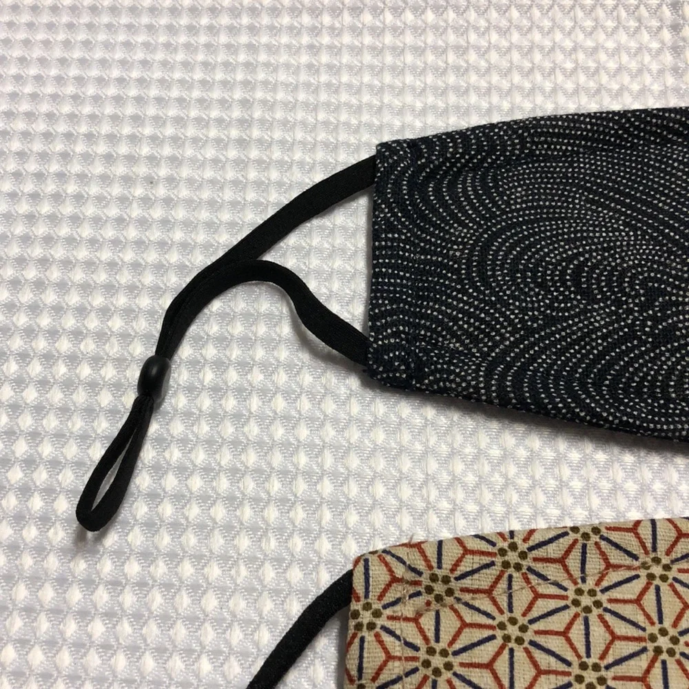 2 Masks: Tan Geometric & Black Micron Dot Elastic Bi-fold & 1 White Clip Holder